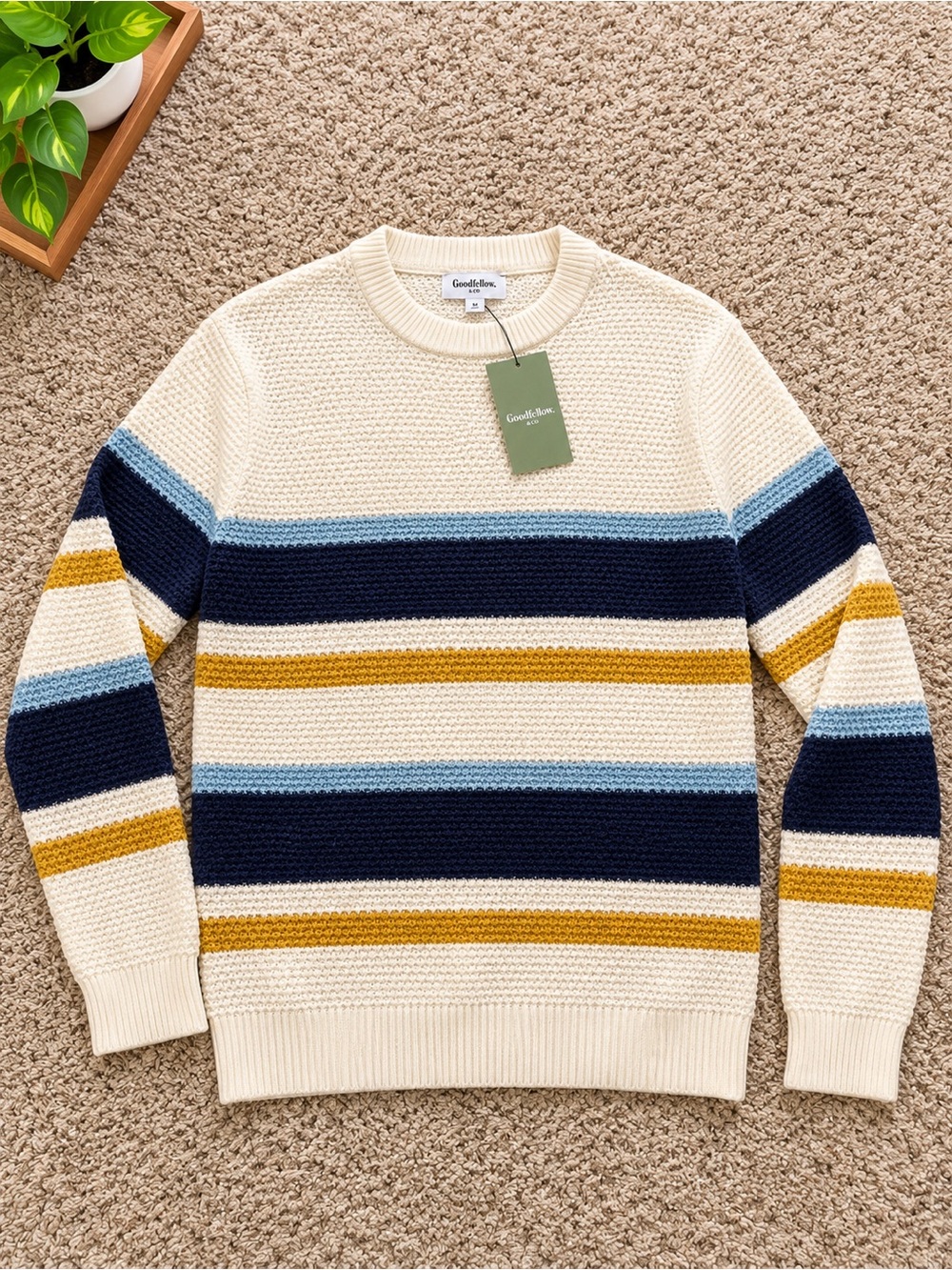 Goodfellow & Co Cream Crewneck Sweater with Navy, Light Blue & Mustard Stripes